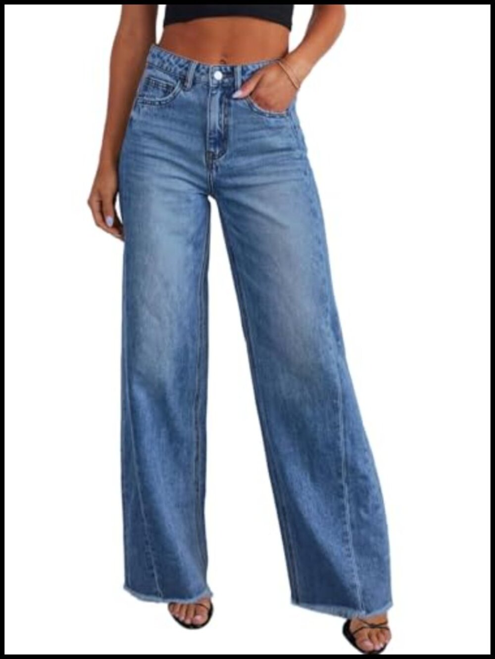 High Waisted Wide Leg Jeans Raw Hem Stretchy Denim Pants